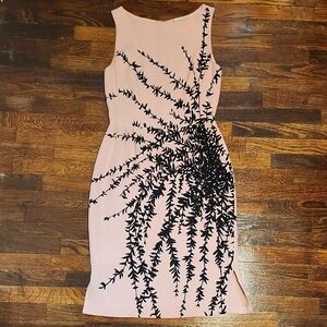 Beth Bowley 100% Silk Pink with Leaf Design Sheath Midi Dress